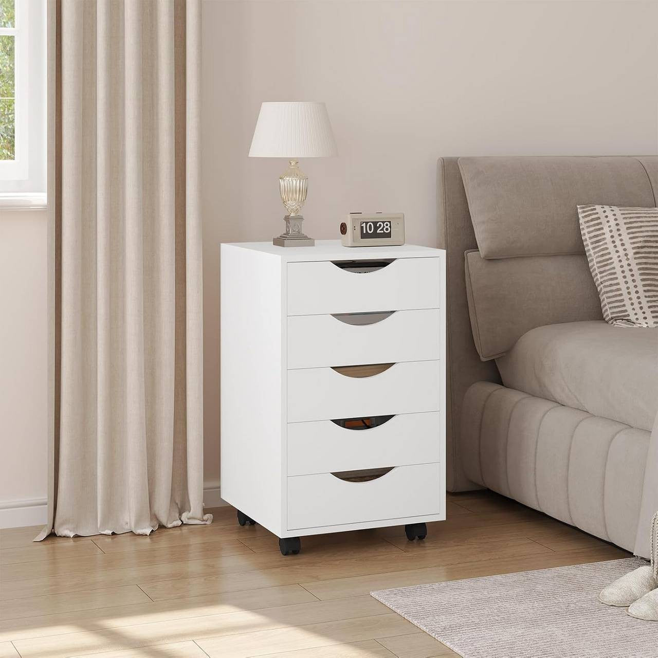 24goodz Rolling Storage Cabinet with 5 Drawers - Ample Storage Space - Durable Wood with Melamine Finish - For Home and Office - White