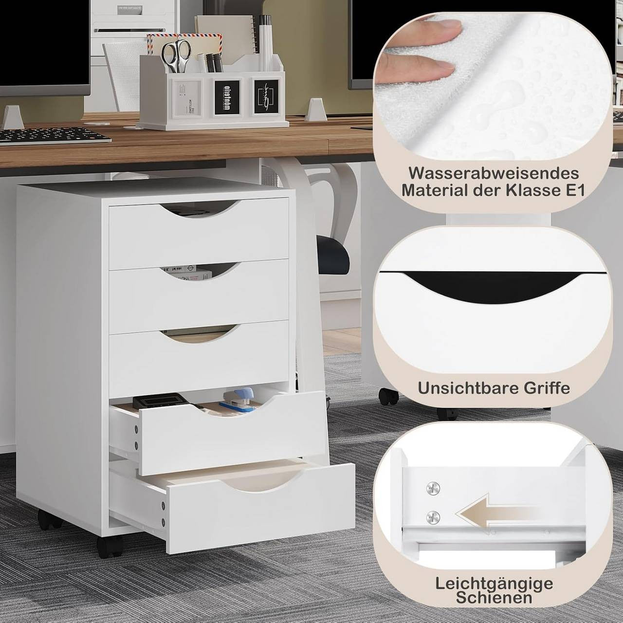 24goodz Rolling Storage Cabinet with 5 Drawers - Ample Storage Space - Durable Wood with Melamine Finish - For Home and Office - White