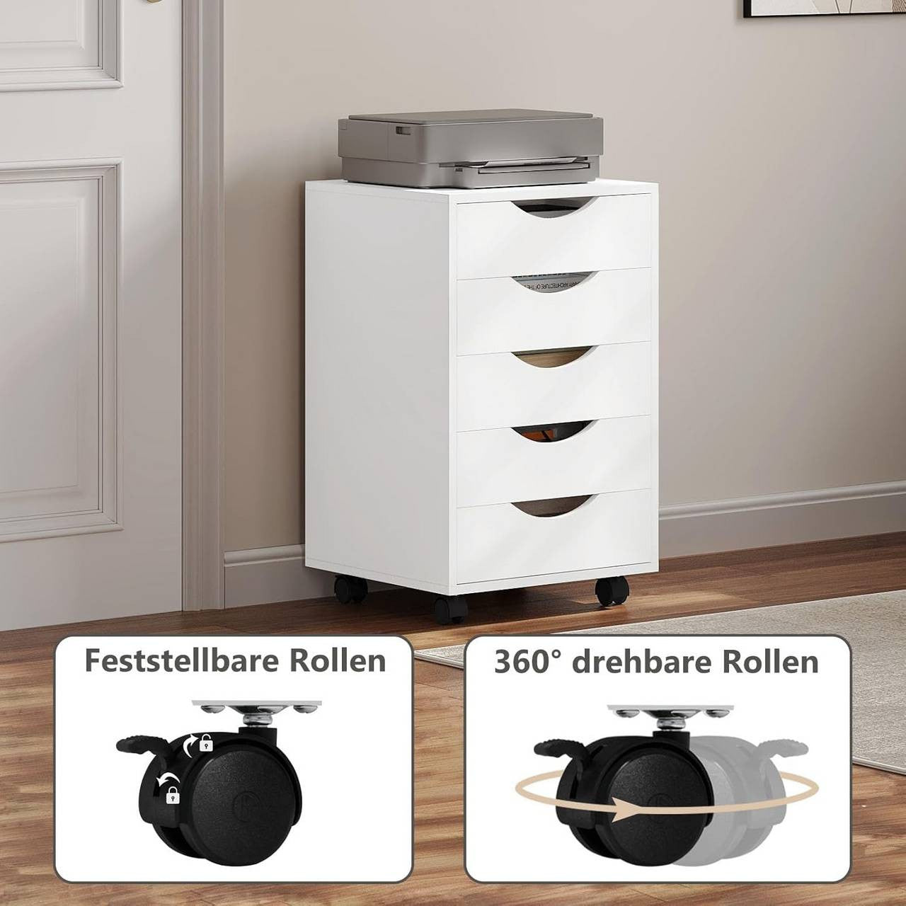 24goodz Rolling Storage Cabinet with 5 Drawers - Ample Storage Space - Durable Wood with Melamine Finish - For Home and Office - White