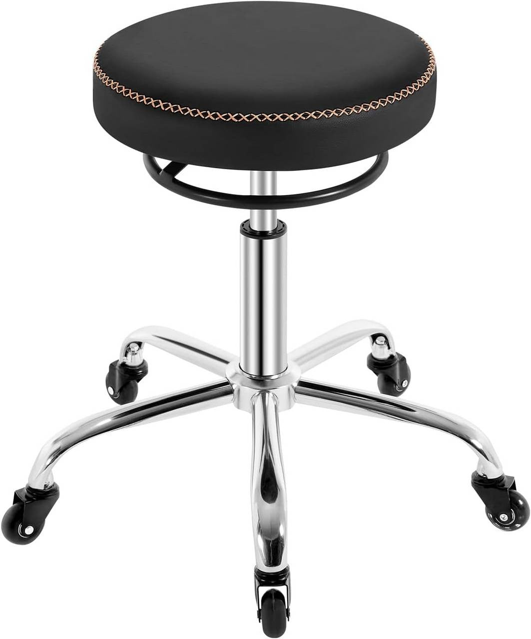 24goodz Adjustable Rolling Stool - Comfortable Memory Foam Seat - Ergonomic Design - PU Leather - For Home and Office - Black/White
