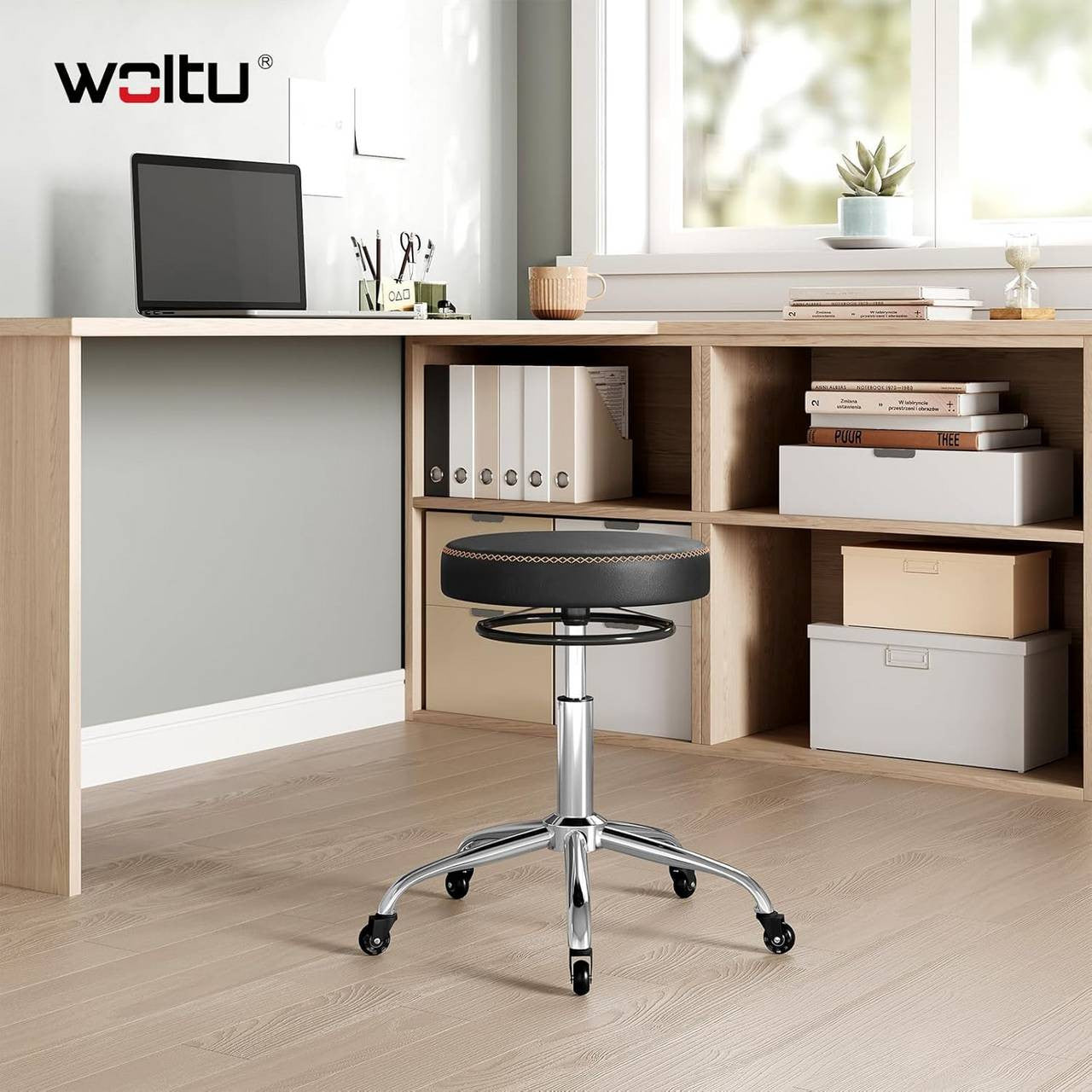 24goodz Adjustable Rolling Stool - Comfortable Memory Foam Seat - Ergonomic Design - PU Leather - For Home and Office - Black/White
