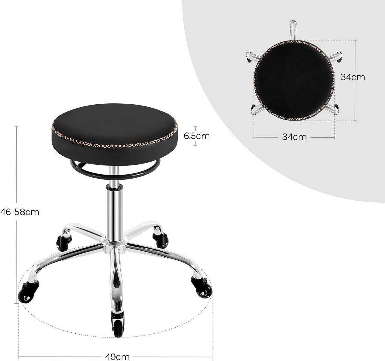 24goodz Adjustable Rolling Stool - Comfortable Memory Foam Seat - Ergonomic Design - PU Leather - For Home and Office - Black/White