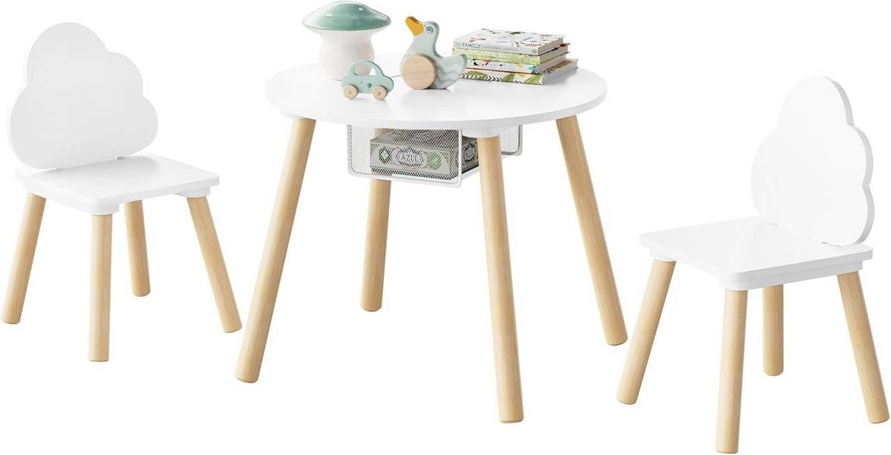 24goodz Round Kids Table with 2 Chairs - Montessori Design - Hidden Storage - MDF and Pine Wood - For Children - White + Light Oak