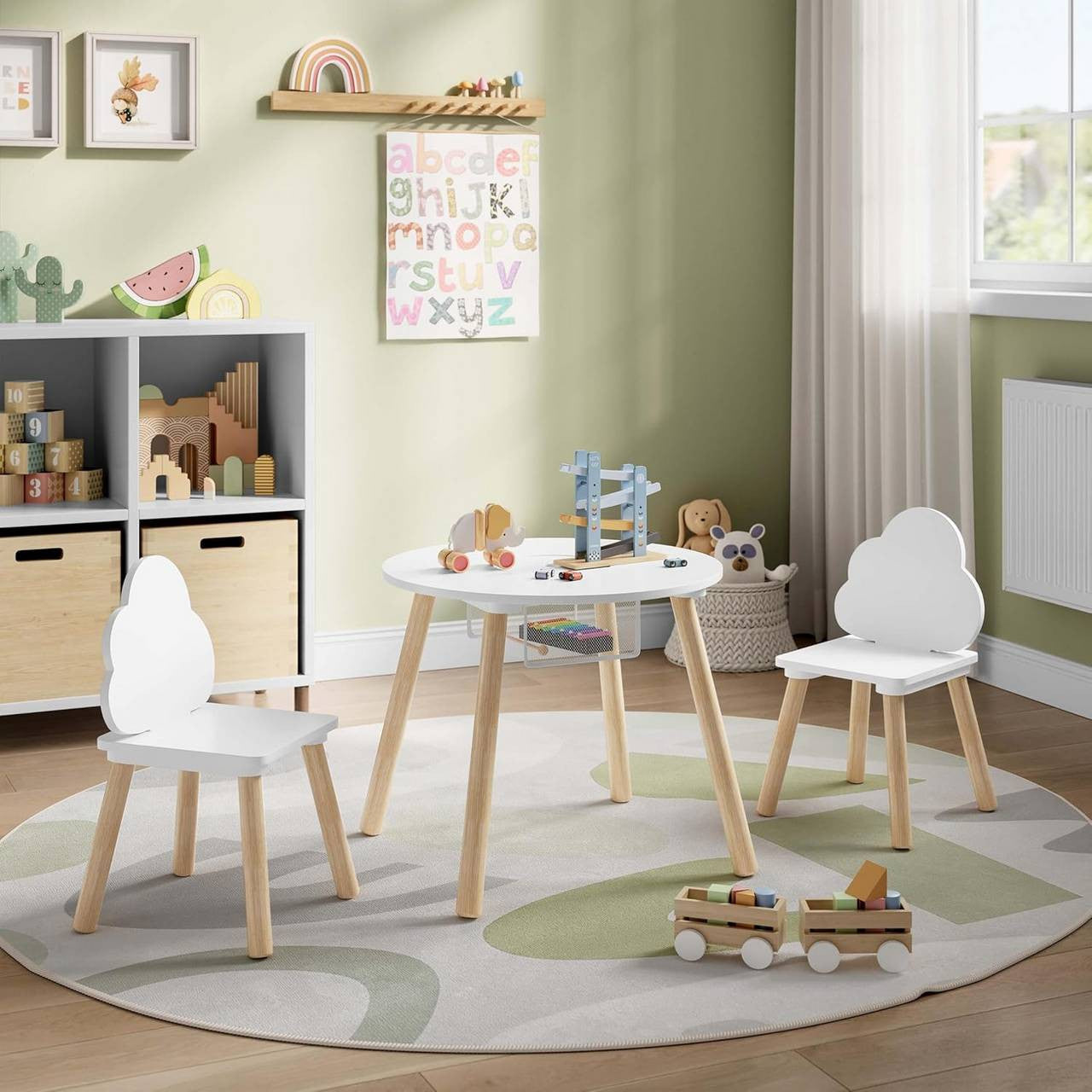 24goodz Round Kids Table with 2 Chairs - Montessori Design - Hidden Storage - MDF and Pine Wood - For Children - White + Light Oak