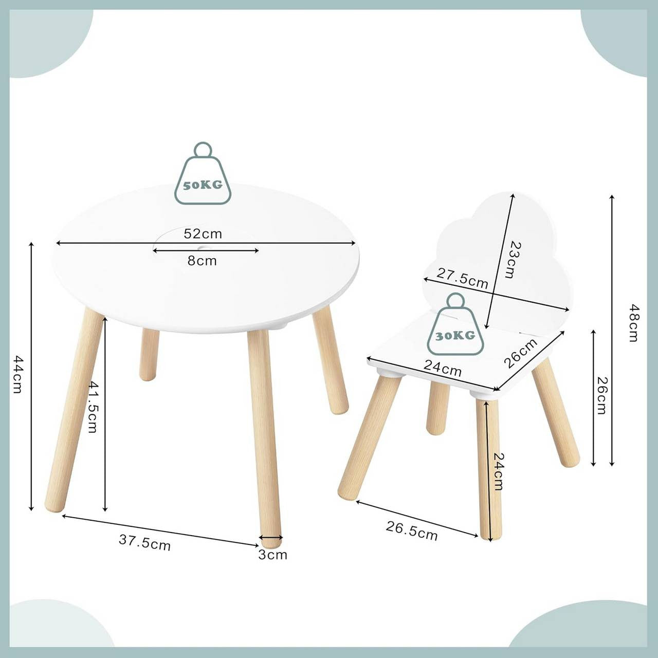 24goodz Round Kids Table with 2 Chairs - Montessori Design - Hidden Storage - MDF and Pine Wood - For Children - White + Light Oak
