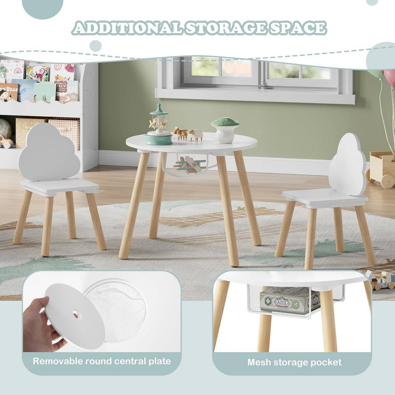 24goodz Round Kids Table with 2 Chairs - Montessori Design - Hidden Storage - MDF and Pine Wood - For Children - White + Light Oak