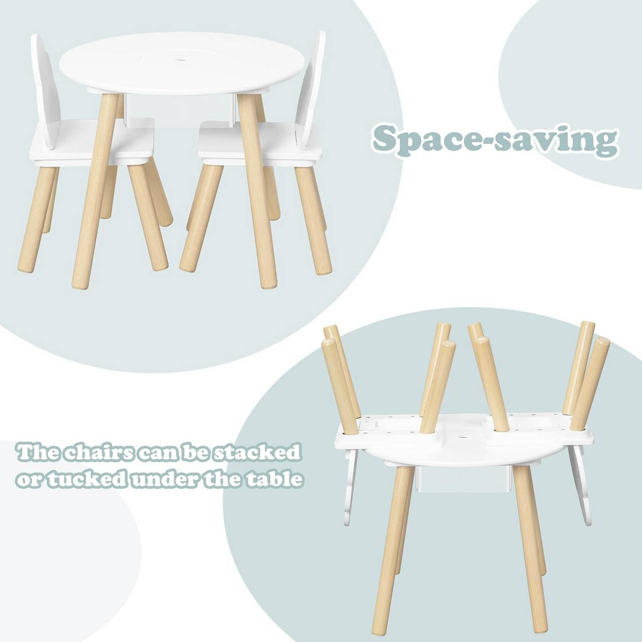 24goodz Round Kids Table with 2 Chairs - Montessori Design - Hidden Storage - MDF and Pine Wood - For Children - White + Light Oak