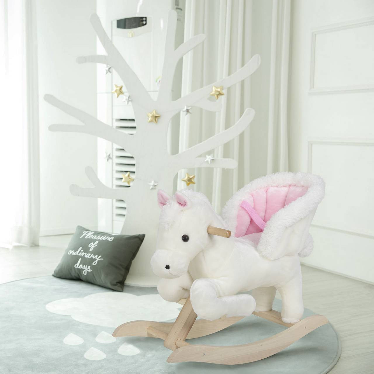 24goodz Rocking Horse with Animal Sounds and Handles - Safe and Comfortable Ride - Plush and Wood - For Children 18-36 Months - White + Pink