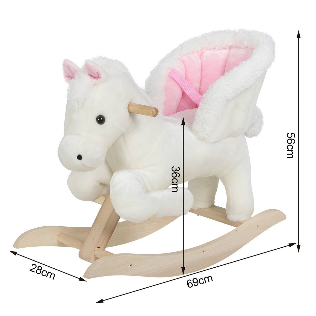 24goodz Rocking Horse with Animal Sounds and Handles - Safe and Comfortable Ride - Plush and Wood - For Children 18-36 Months - White + Pink