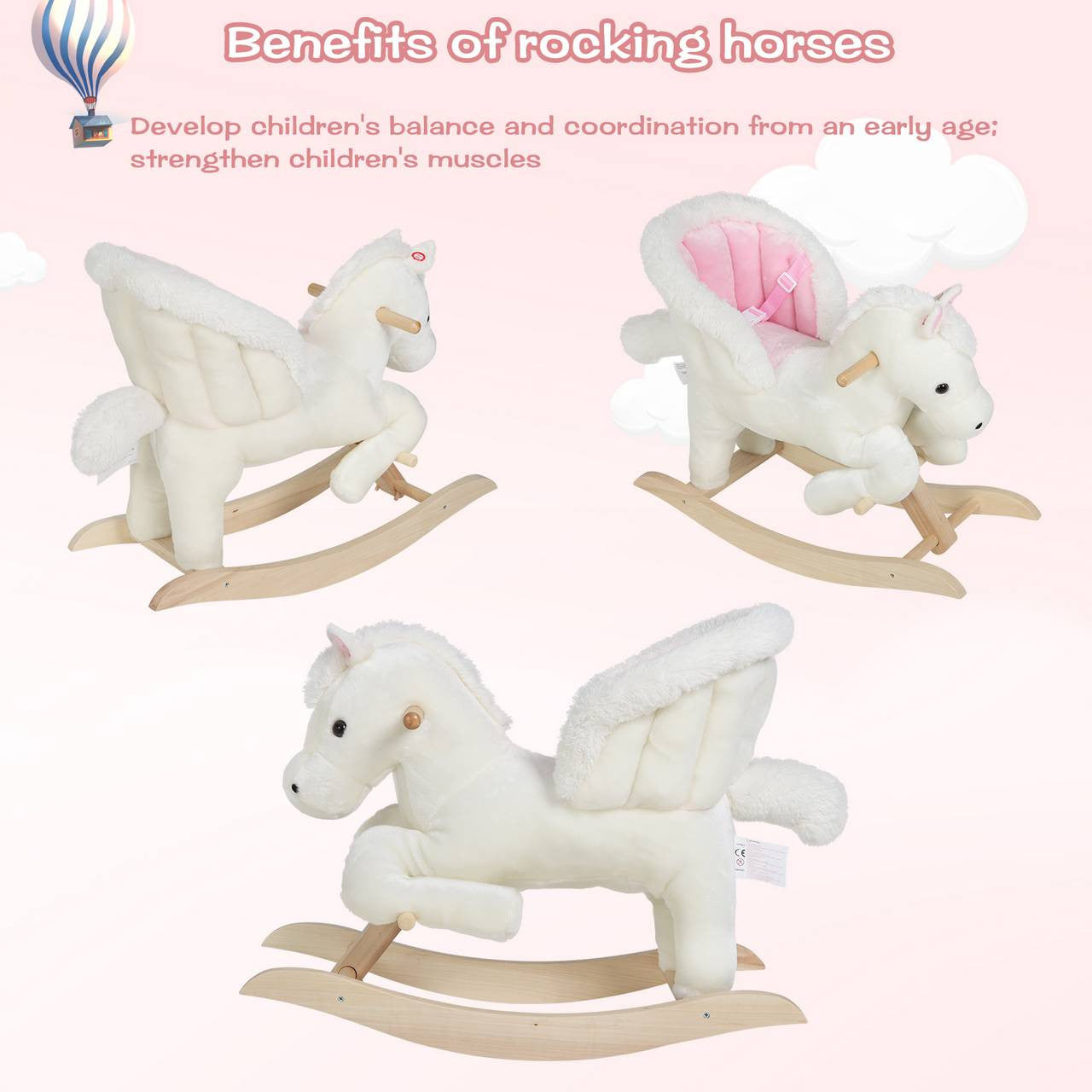 24goodz Rocking Horse with Animal Sounds and Handles - Safe and Comfortable Ride - Plush and Wood - For Children 18-36 Months - White + Pink
