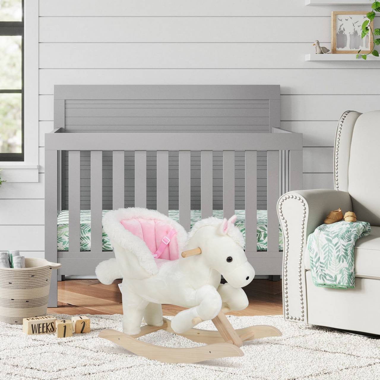 24goodz Rocking Horse with Animal Sounds and Handles - Safe and Comfortable Ride - Plush and Wood - For Children 18-36 Months - White + Pink