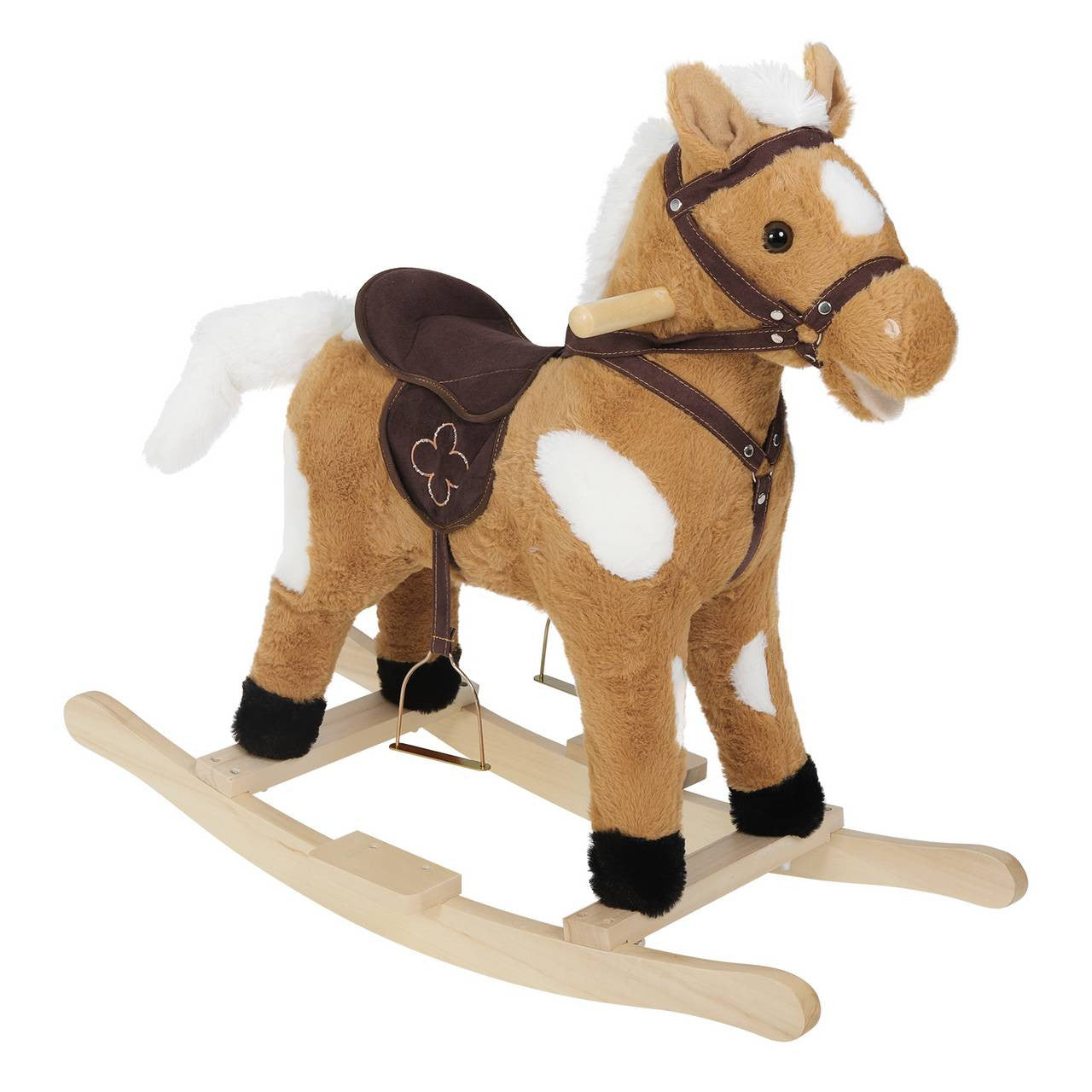 24goodz Rocking Horse Toy - Promotes Balance and Motor Skills - Plush and Solid Wood - For Children 18 to 36 Months - Brown + White + Wood Colour
