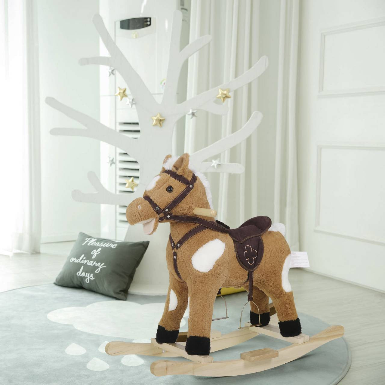 24goodz Rocking Horse Toy - Promotes Balance and Motor Skills - Plush and Solid Wood - For Children 18 to 36 Months - Brown + White + Wood Colour