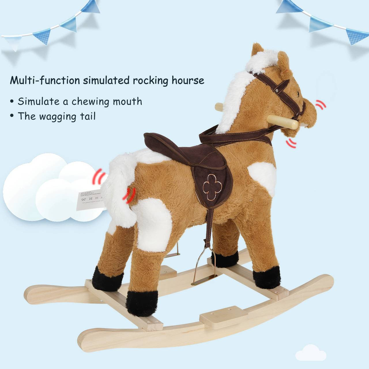 24goodz Rocking Horse Toy - Promotes Balance and Motor Skills - Plush and Solid Wood - For Children 18 to 36 Months - Brown + White + Wood Colour