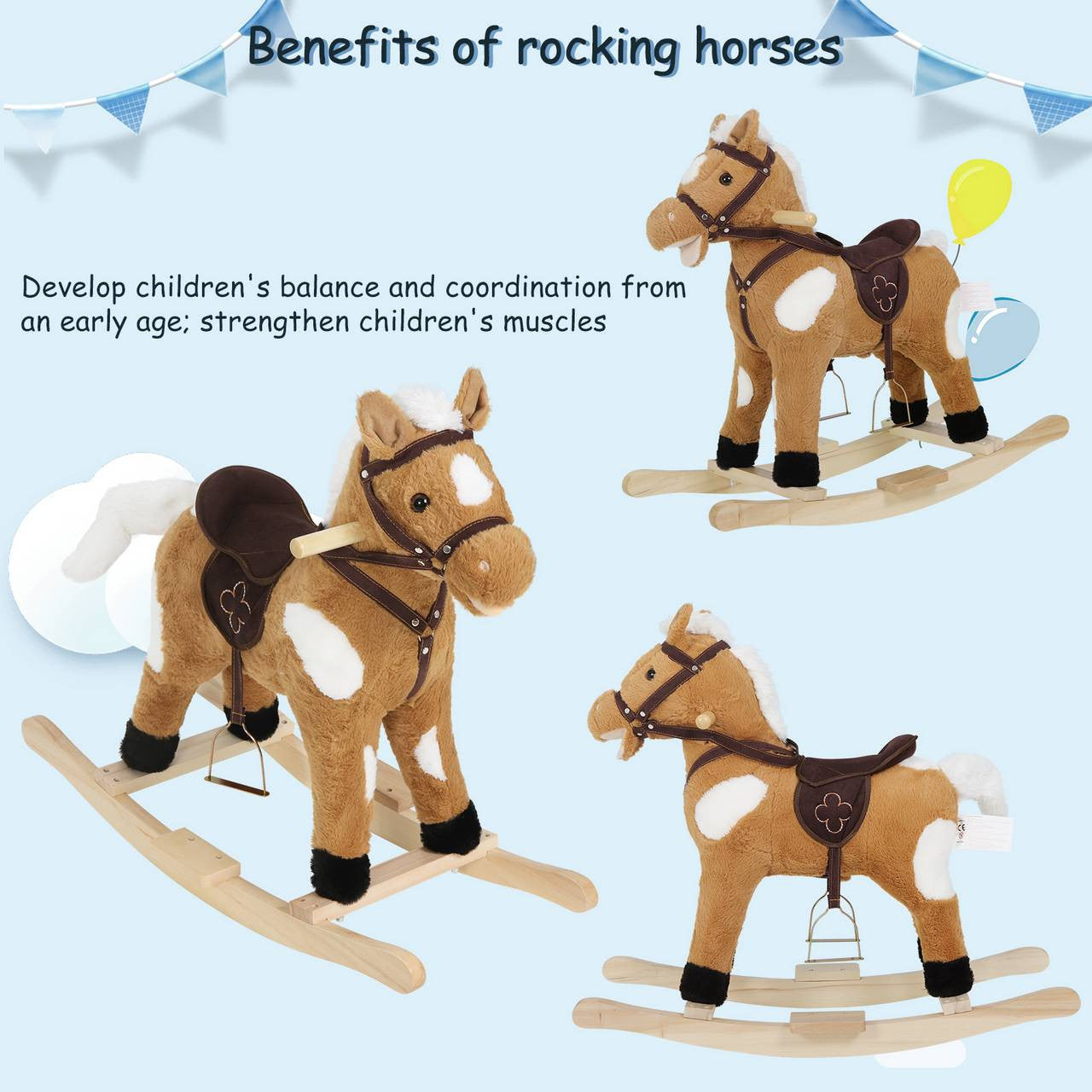 24goodz Rocking Horse Toy - Promotes Balance and Motor Skills - Plush and Solid Wood - For Children 18 to 36 Months - Brown + White + Wood Colour