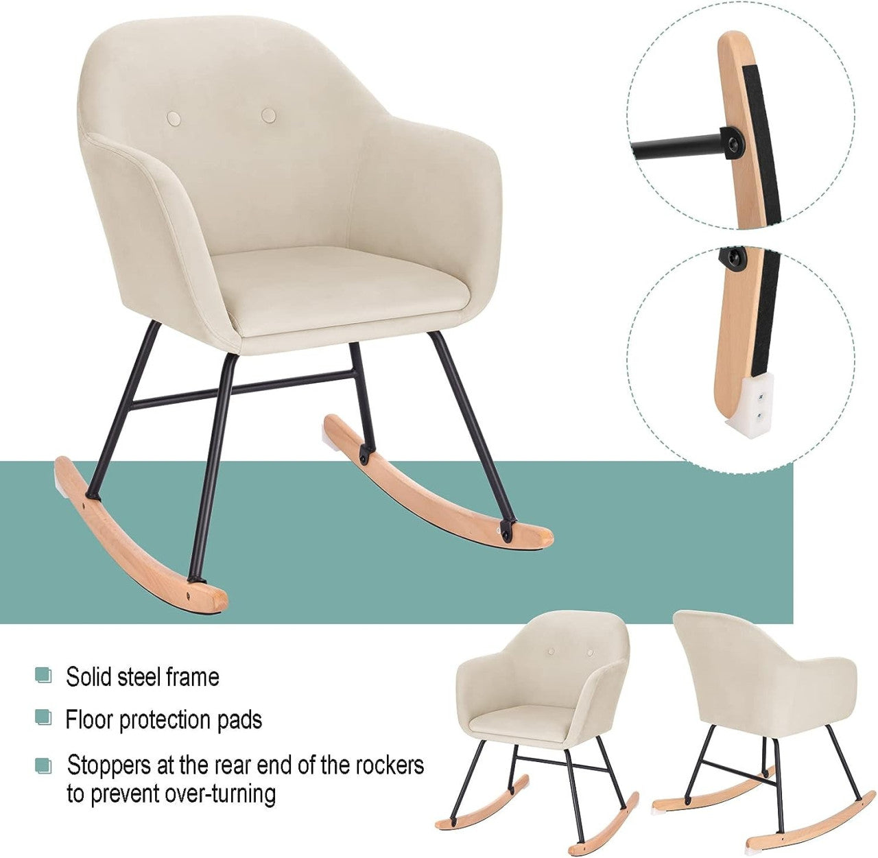 24goodz Velvet Rocking Chair - Comfortable Relaxation - Sturdy Metal Frame - Velvet - For Home Use - Grey - cm