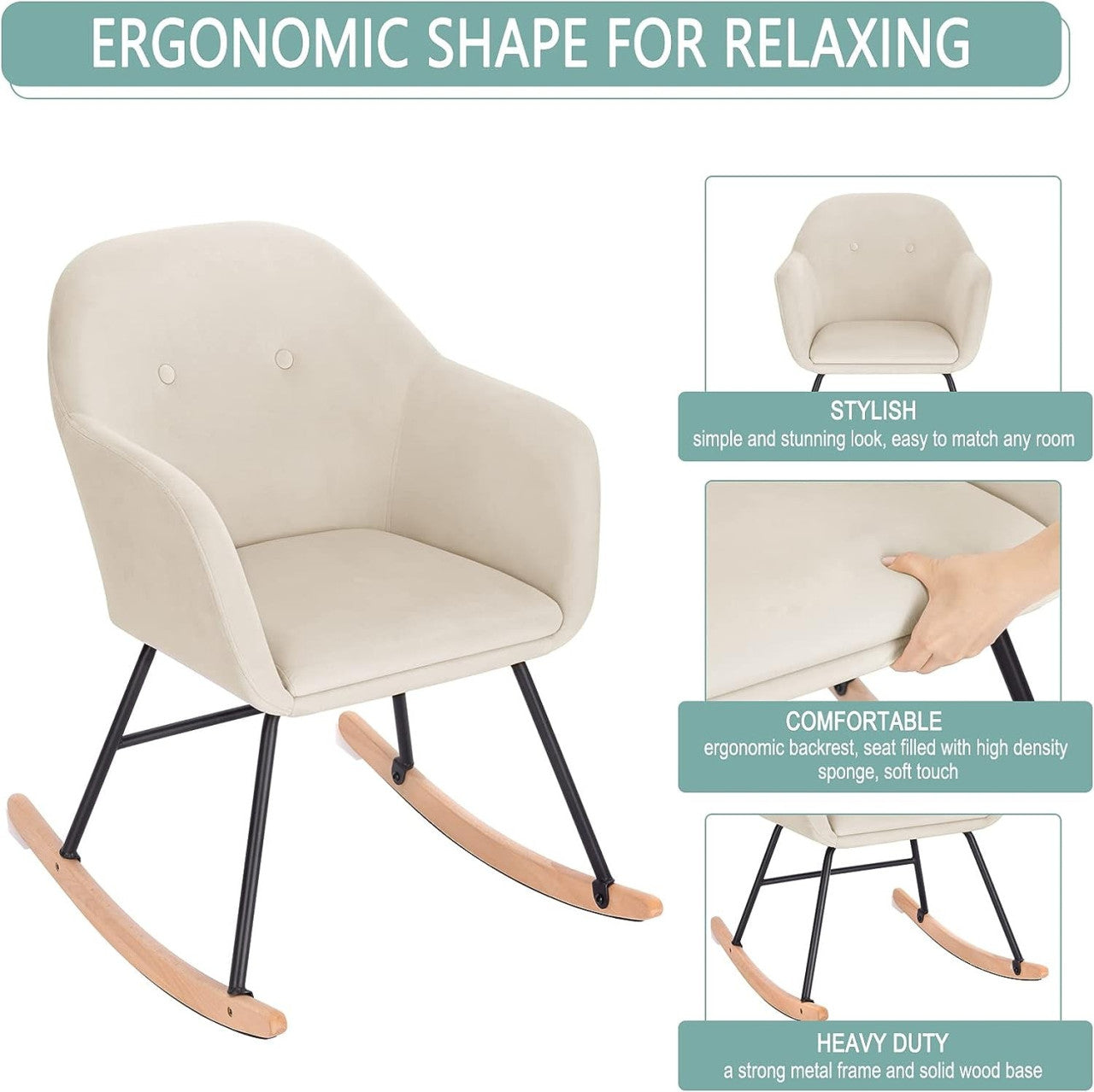 24goodz Velvet Rocking Chair - Comfortable Relaxation - Sturdy Metal Frame - Velvet - For Home Use - Grey - cm