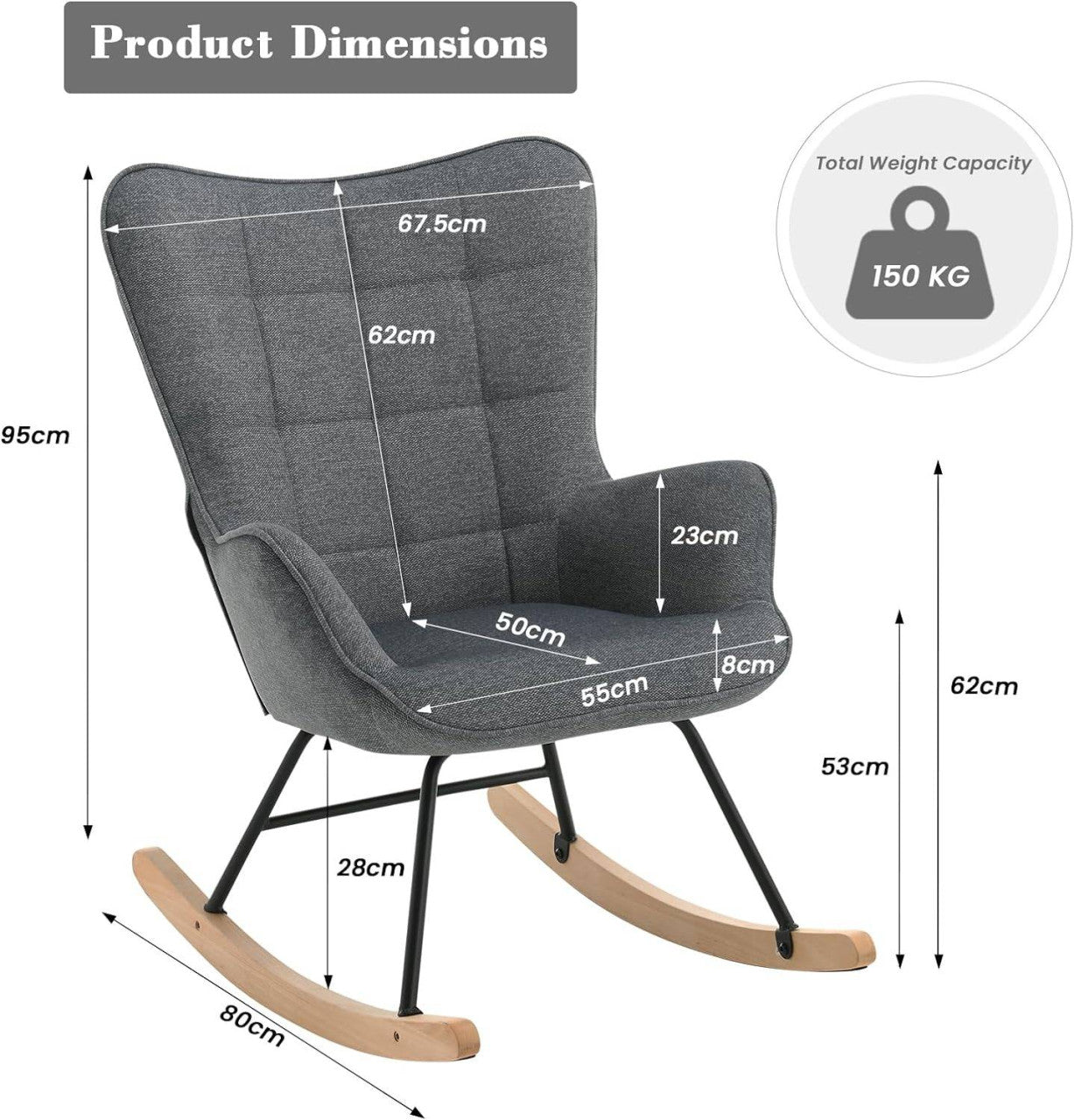 24goodz Rocking Chair - High Comfort - Ergonomic Design - Velvet - For Relaxation - Dark Grey