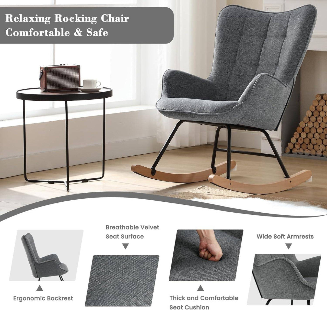 24goodz Rocking Chair - High Comfort - Ergonomic Design - Velvet - For Relaxation - Dark Grey