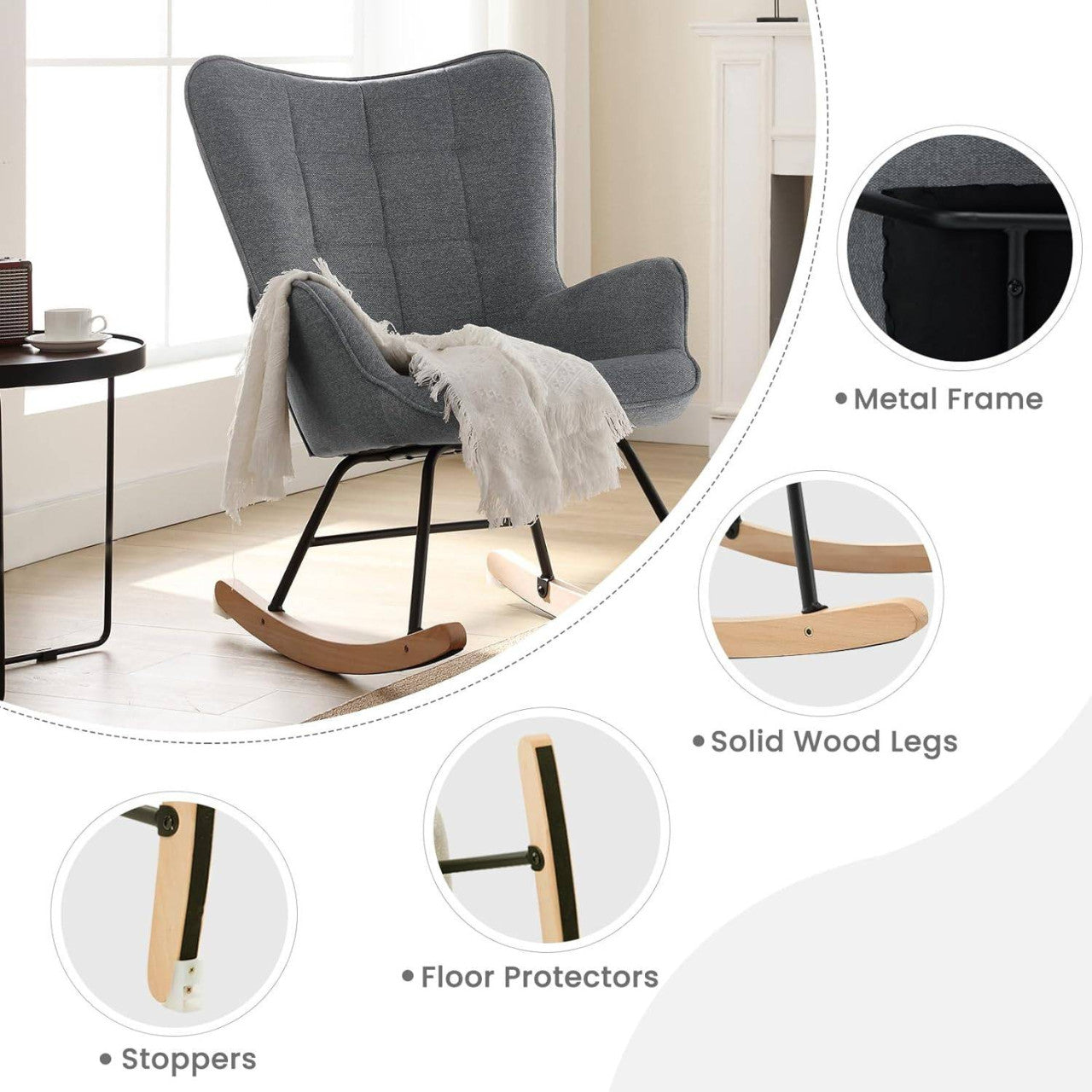 24goodz Rocking Chair - High Comfort - Ergonomic Design - Velvet - For Relaxation - Dark Grey