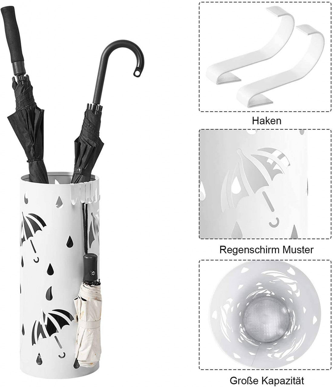 24goodz Umbrella Stand with Round Water Catchment - Large Storage Capacity - Durable Iron - For Home and Office - White - ws