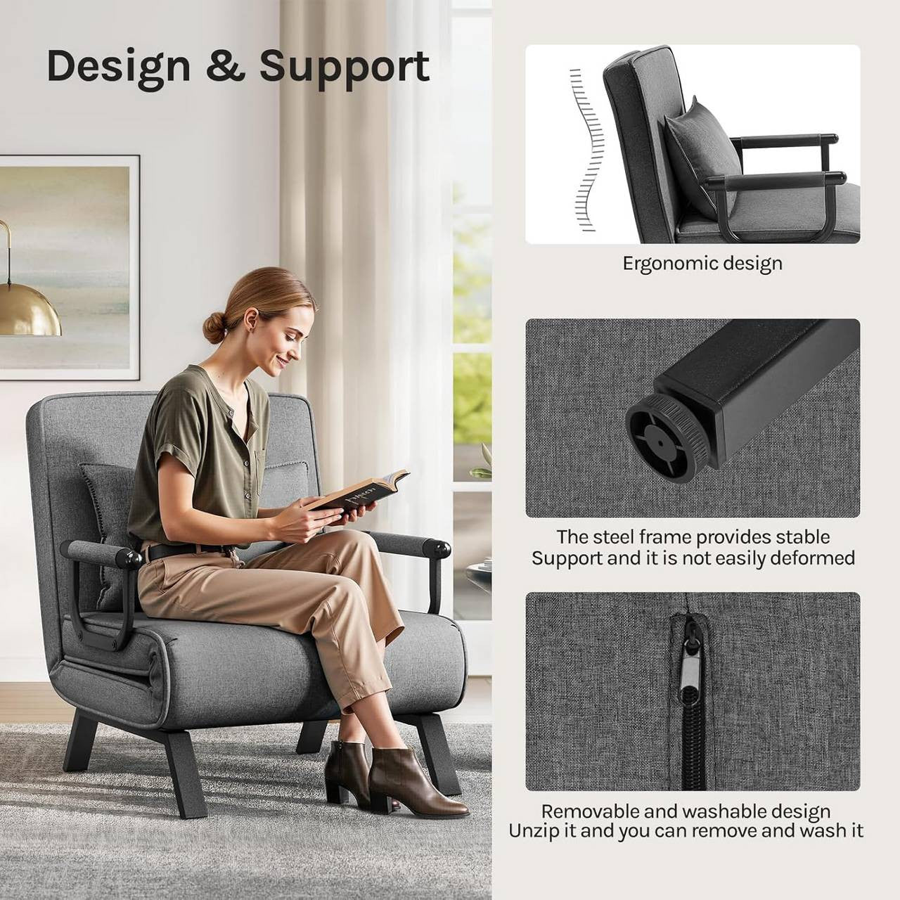 24goodz 3-in-1 Convertible Sofa Bed - Adjustable Backrest - Durable Linen - For Small Spaces - Dark Grey