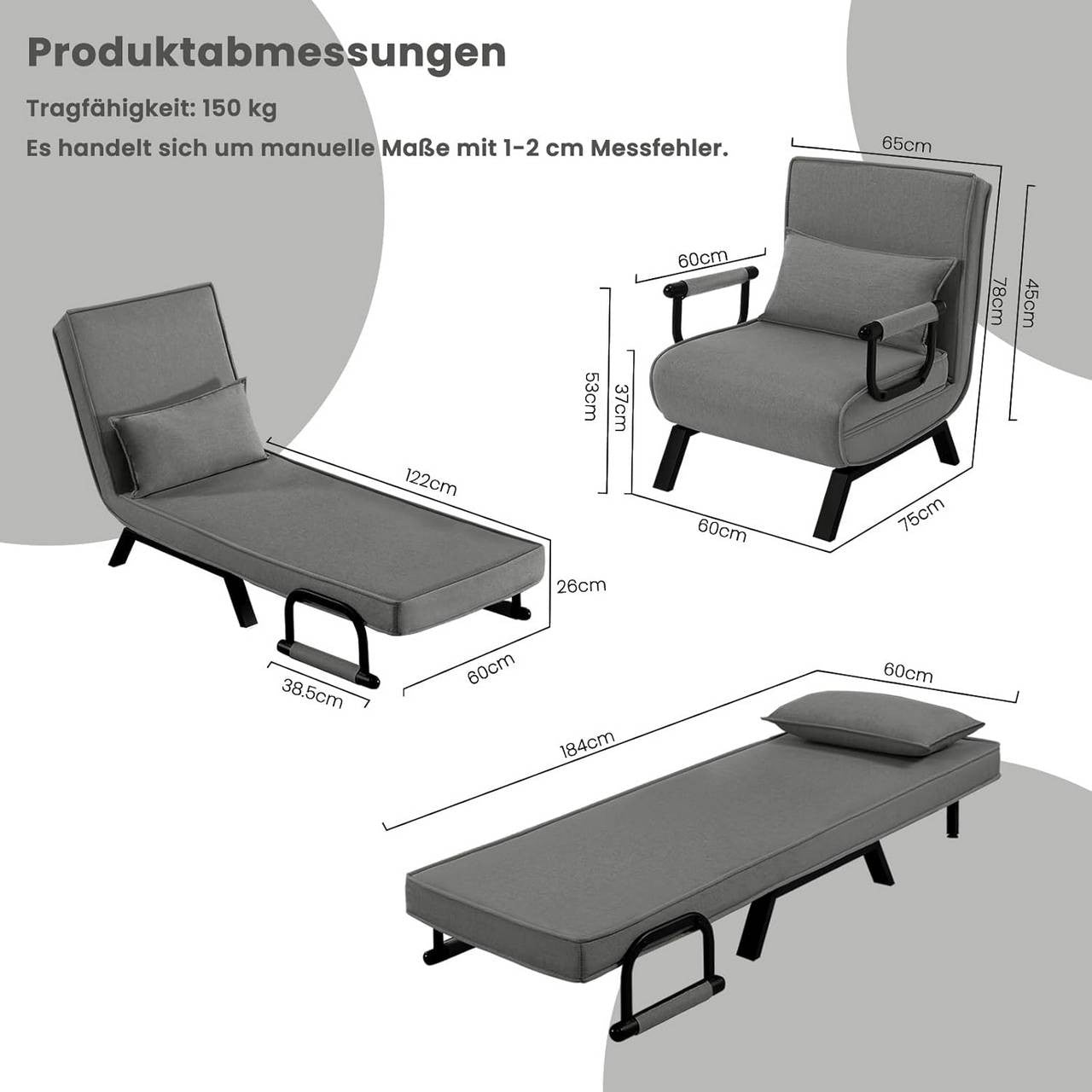 24goodz 3-in-1 Convertible Sofa Bed - Adjustable Backrest - Metal Frame - For Small Spaces - Dark Grey