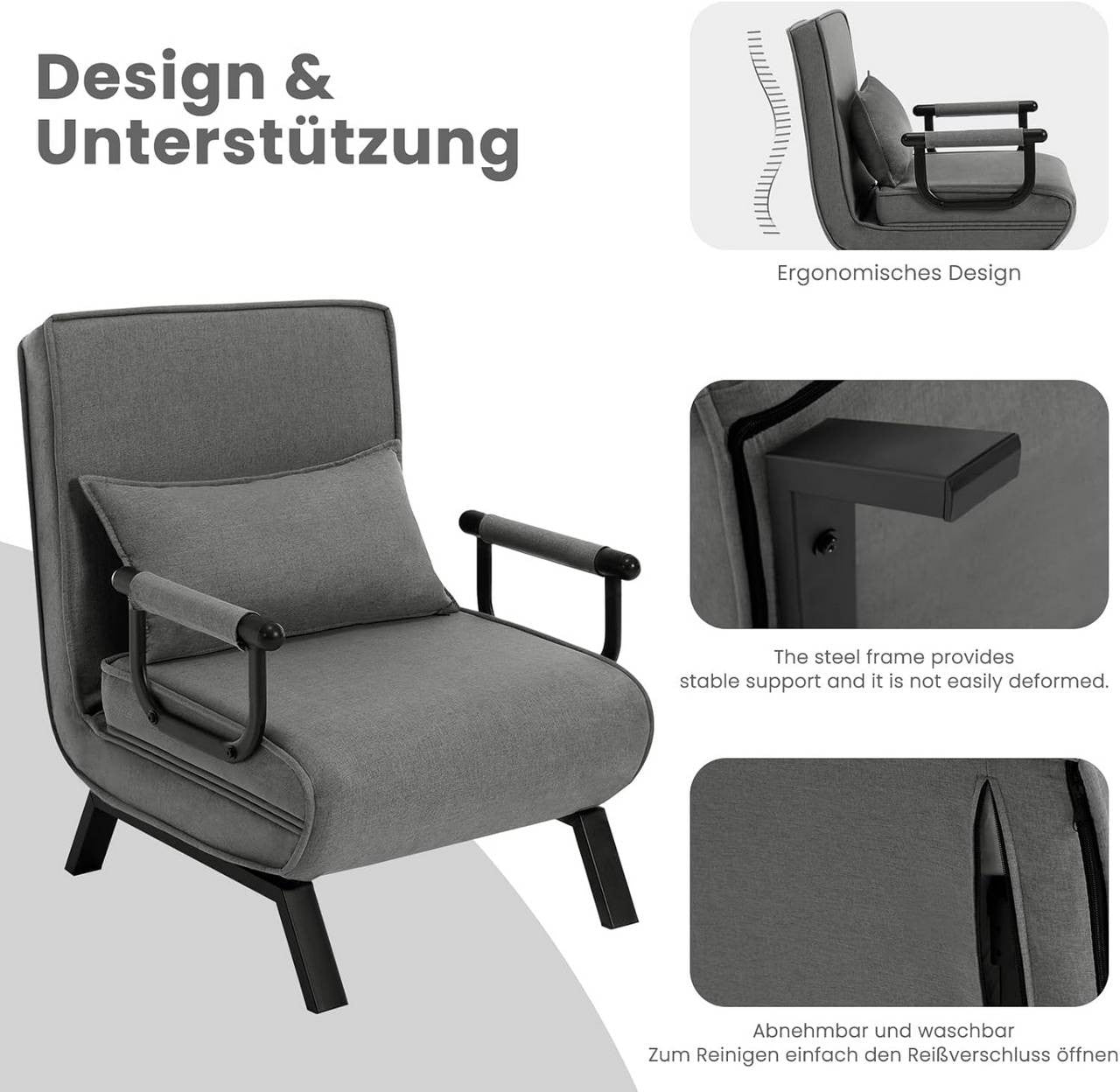 24goodz 3-in-1 Convertible Sofa Bed - Adjustable Backrest - Metal Frame - For Small Spaces - Dark Grey
