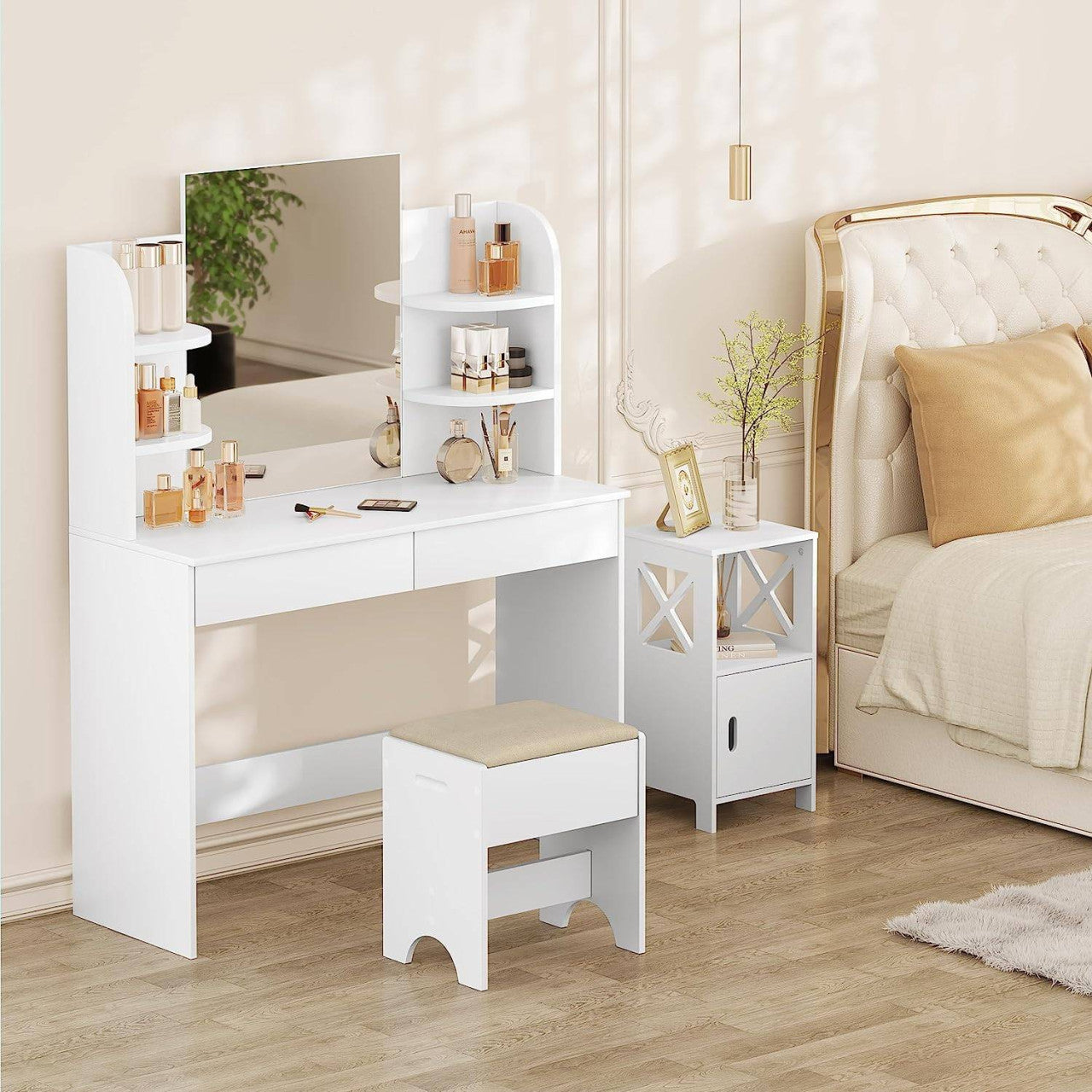 24goodz Makeup Stool - Comfortable Seating - Versatile Design - MDF - For Makeup Lovers - Beige + White