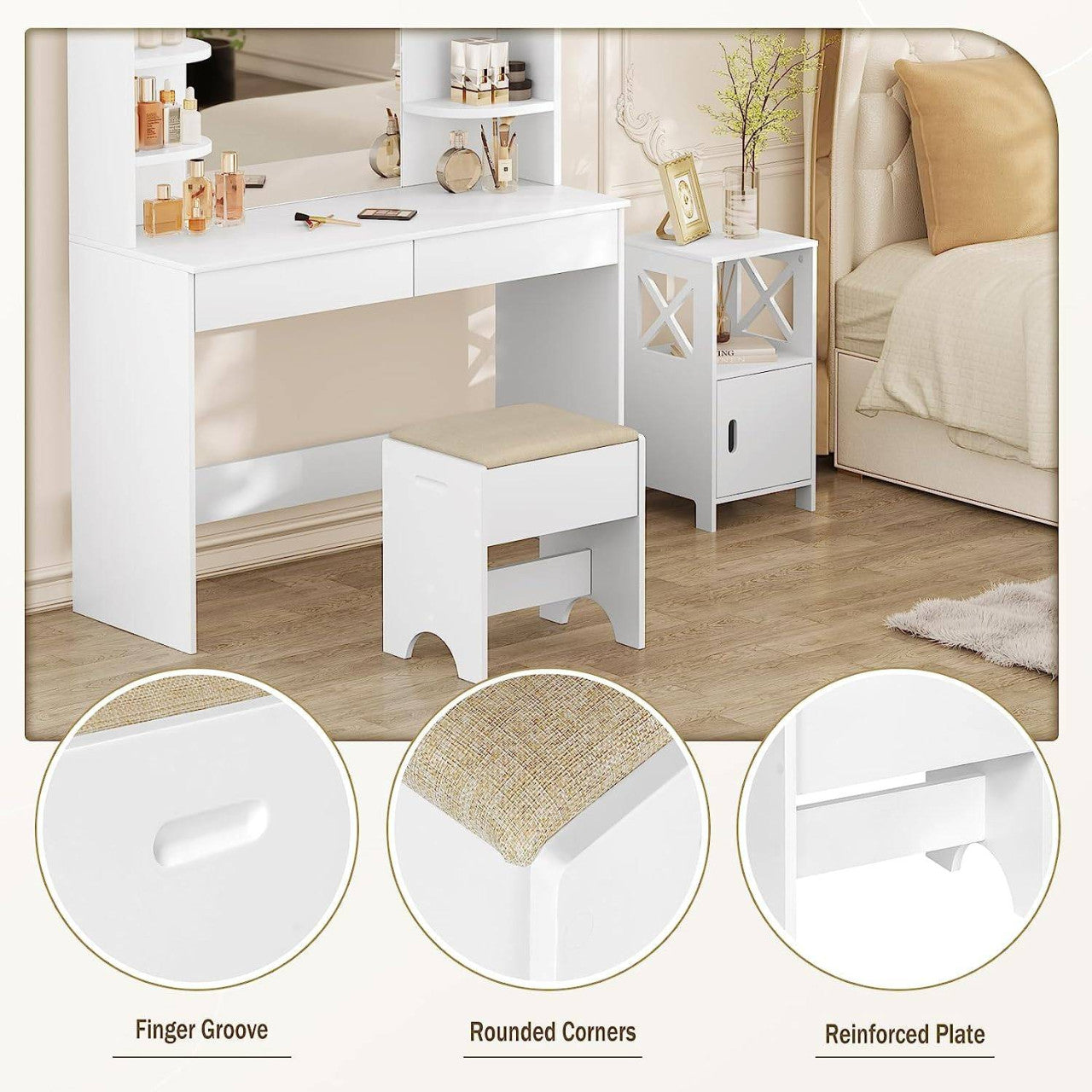 24goodz Makeup Stool - Comfortable Seating - Versatile Design - MDF - For Makeup Lovers - Beige + White