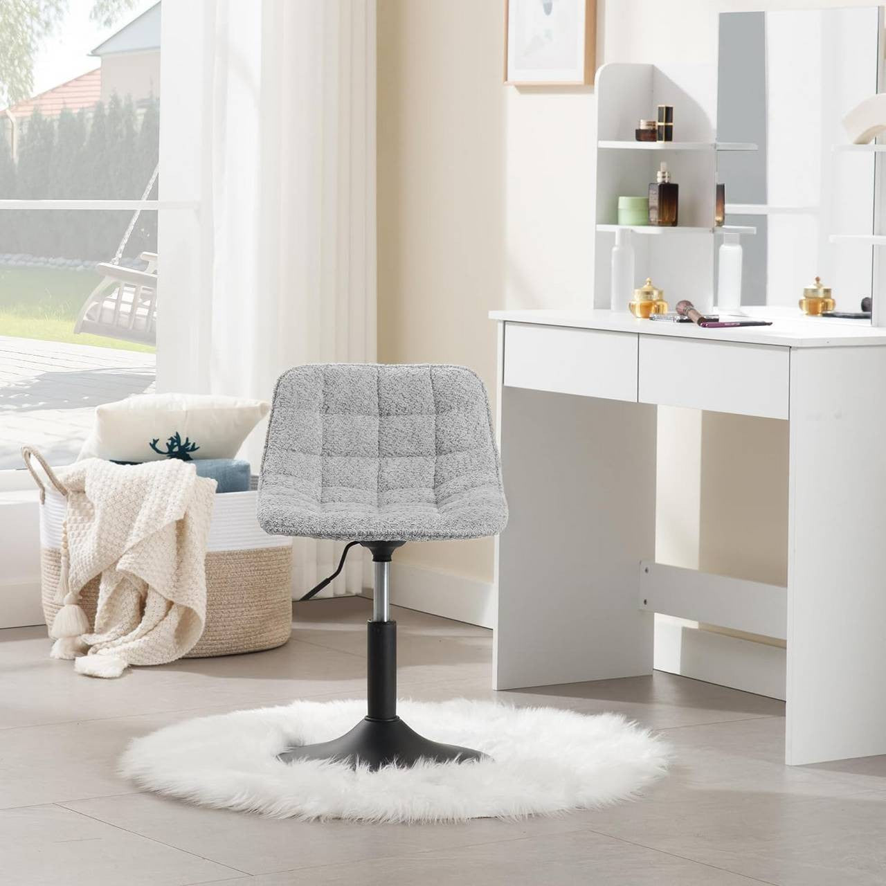 24goodz Makeup Stool with Backrest - Comfortable Chenille Upholstery - Ergonomic Design - Metal - For Home and Office Use - Grey/White