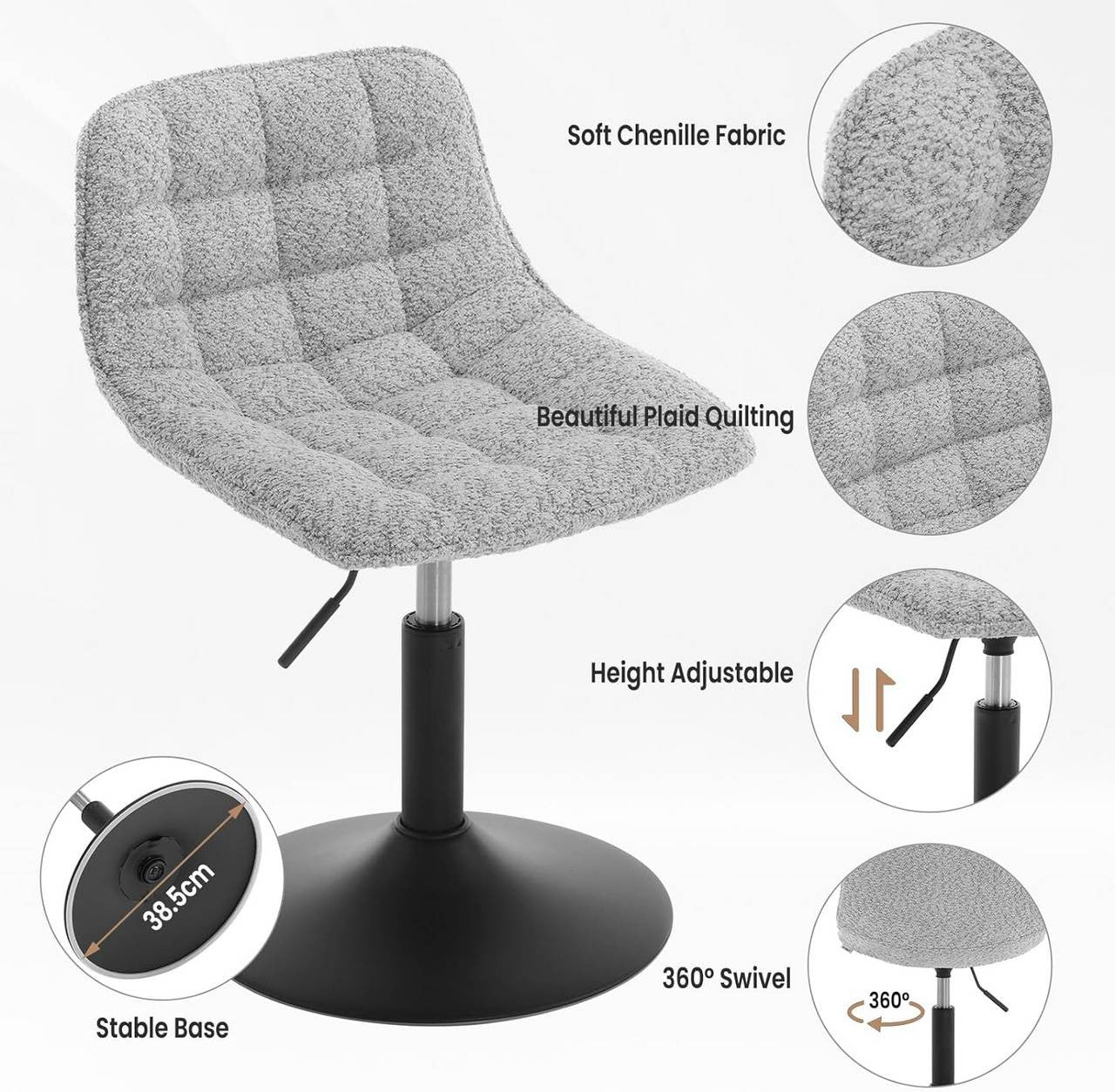 24goodz Makeup Stool with Backrest - Comfortable Chenille Upholstery - Ergonomic Design - Metal - For Home and Office Use - Grey/White