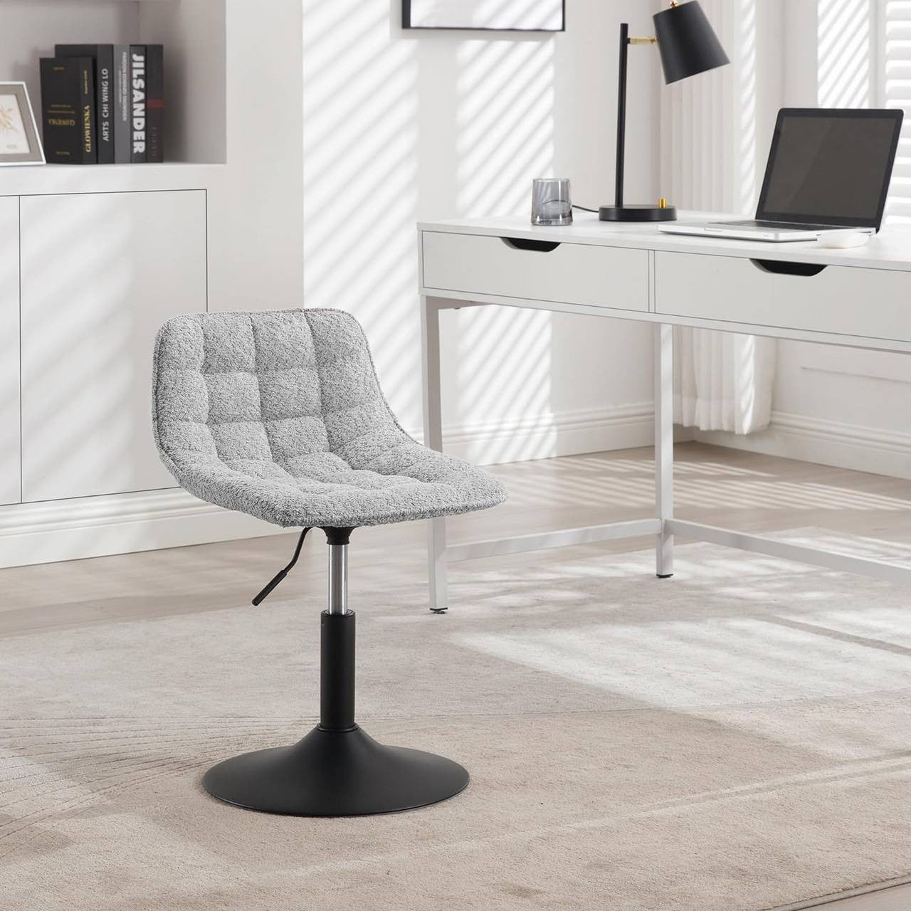 24goodz Makeup Stool with Backrest - Comfortable Chenille Upholstery - Ergonomic Design - Metal - For Home and Office Use - Grey/White