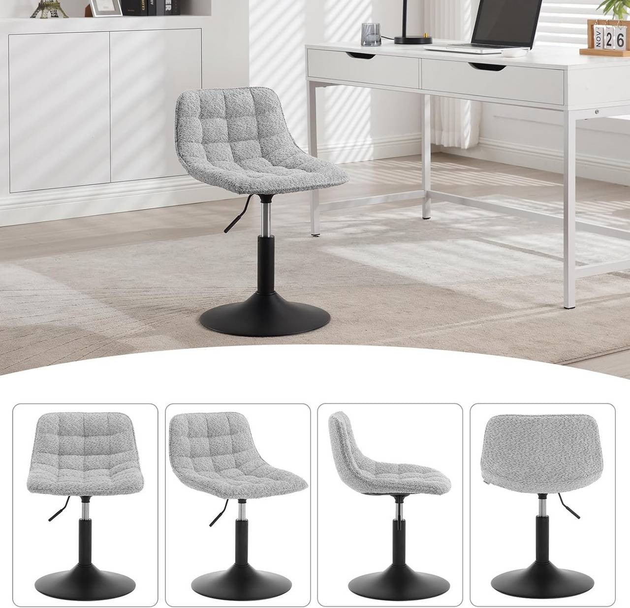 24goodz Makeup Stool with Backrest - Comfortable Chenille Upholstery - Ergonomic Design - Metal - For Home and Office Use - Grey/White