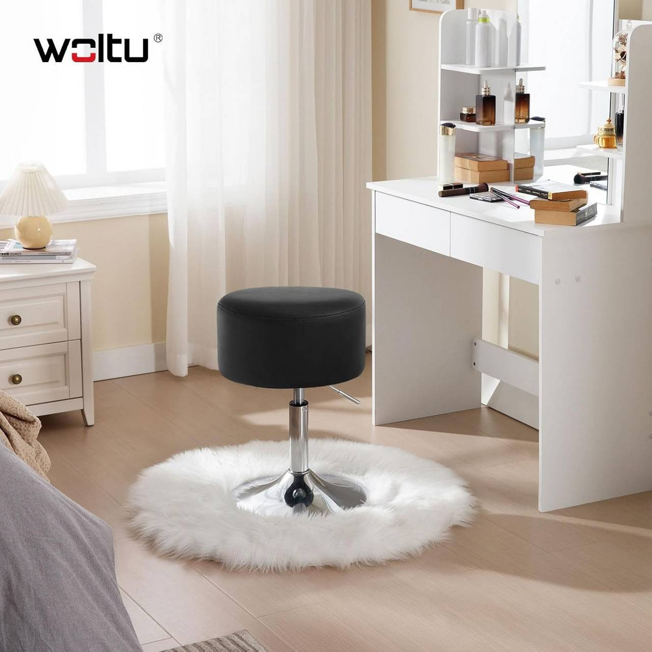 24goodz Round Make-Up Stool - Comfortable Cushioned Seat - Durable Metal Frame - Faux Leather - Black - Sz