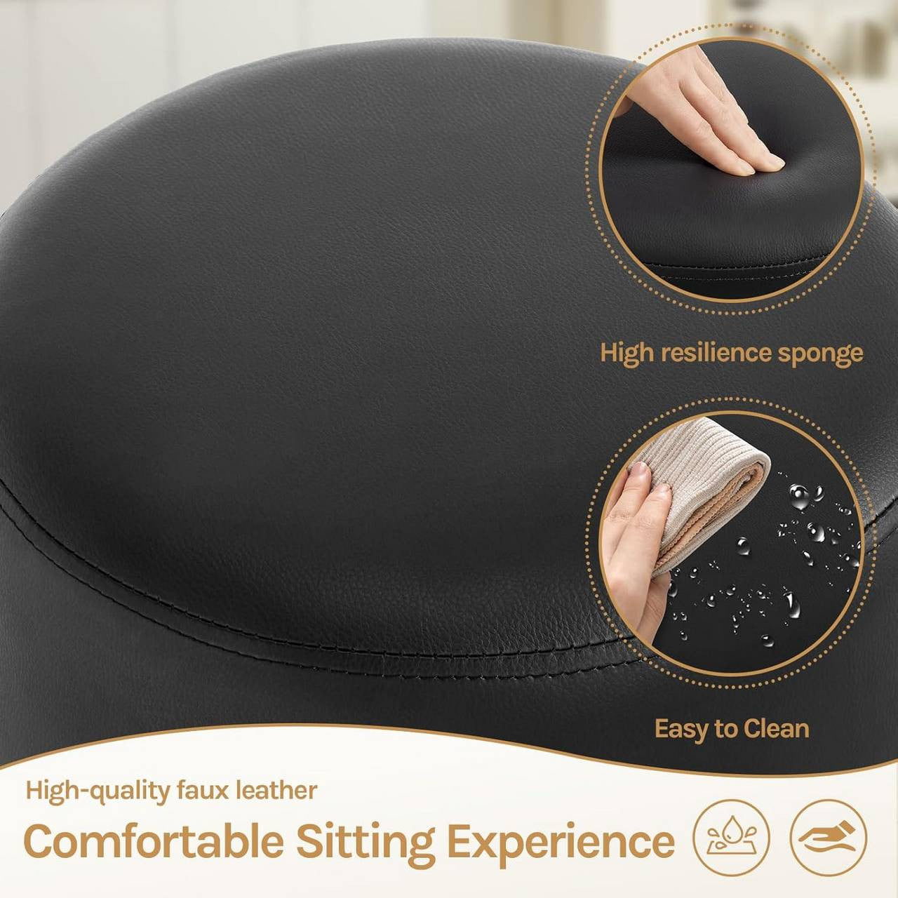 24goodz Round Make-Up Stool - Comfortable Cushioned Seat - Durable Metal Frame - Faux Leather - Black - Sz