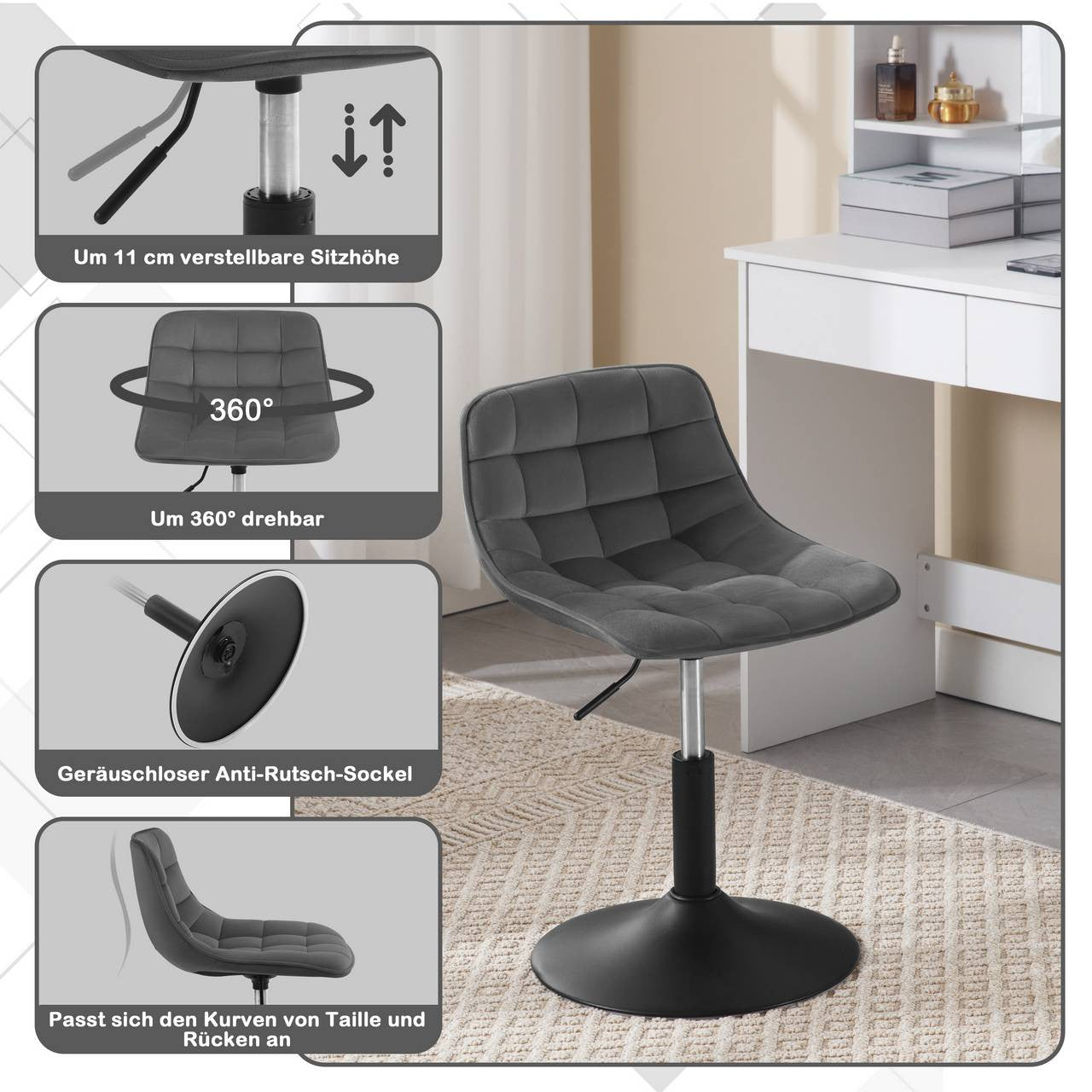 24goodz Velvet Bar Stool - Ergonomic Design - 360° Rotatable - Velvet and Metal - Dark Grey - dgr