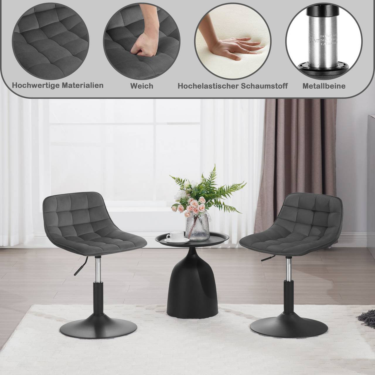 24goodz Velvet Bar Stool - Ergonomic Design - 360° Rotatable - Velvet and Metal - Dark Grey - dgr