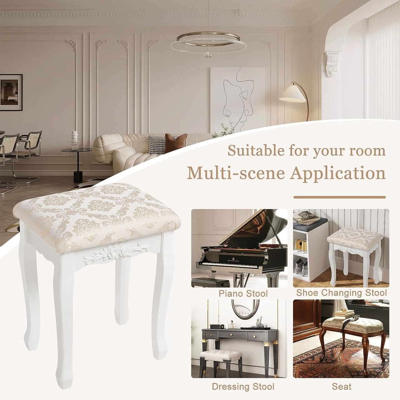 24goodz Makeup Stool - Comfortable Seating - Solid Frame - MDF + Solid Wood - White - 40 x 30 x 50 cm