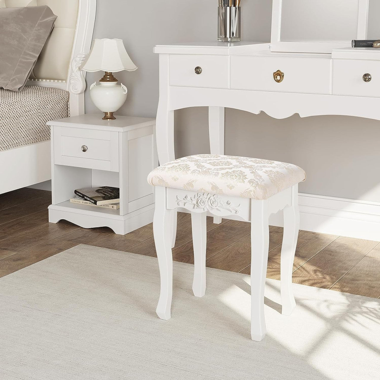 24goodz Makeup Stool - Comfortable Seating - Solid Frame - MDF + Solid Wood - White - 40 x 30 x 50 cm