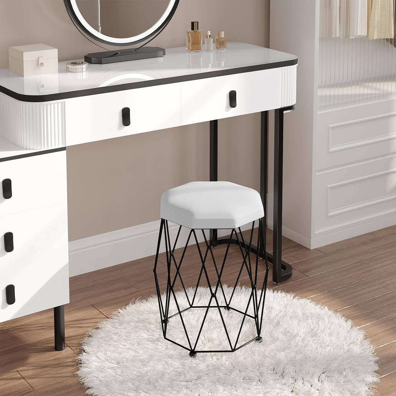 24goodz Velvet Makeup Stool - Soft and Comfortable Seating - Sturdy Metal Frame - MDF and Velvet - White + Black - 30 x 44.5 x 30 cm