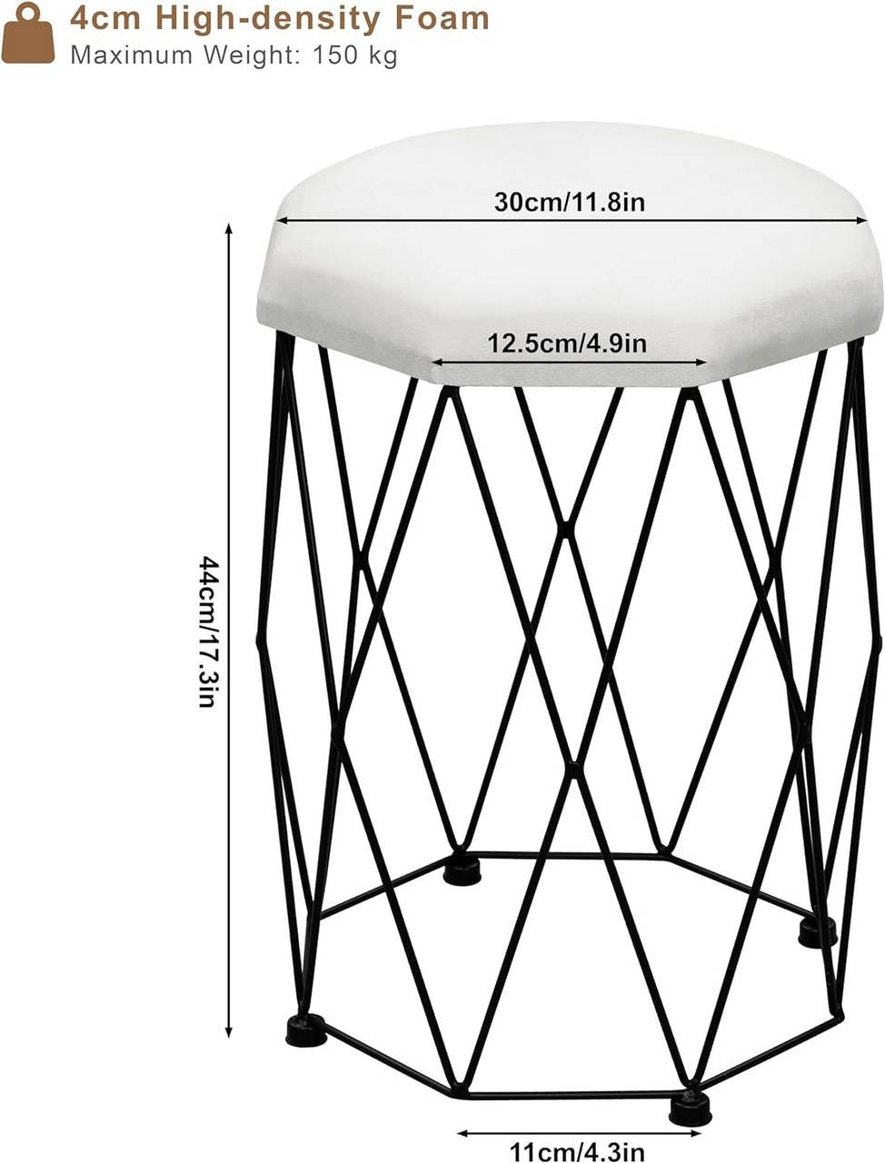 24goodz Velvet Makeup Stool - Soft and Comfortable Seating - Sturdy Metal Frame - MDF and Velvet - White + Black - 30 x 44.5 x 30 cm