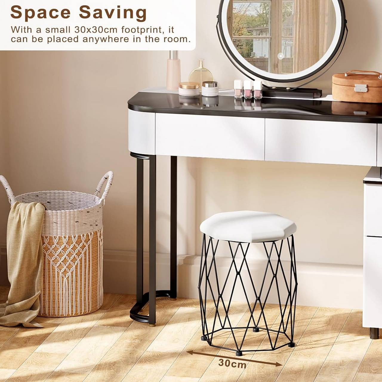 24goodz Velvet Makeup Stool - Soft and Comfortable Seating - Sturdy Metal Frame - MDF and Velvet - White + Black - 30 x 44.5 x 30 cm