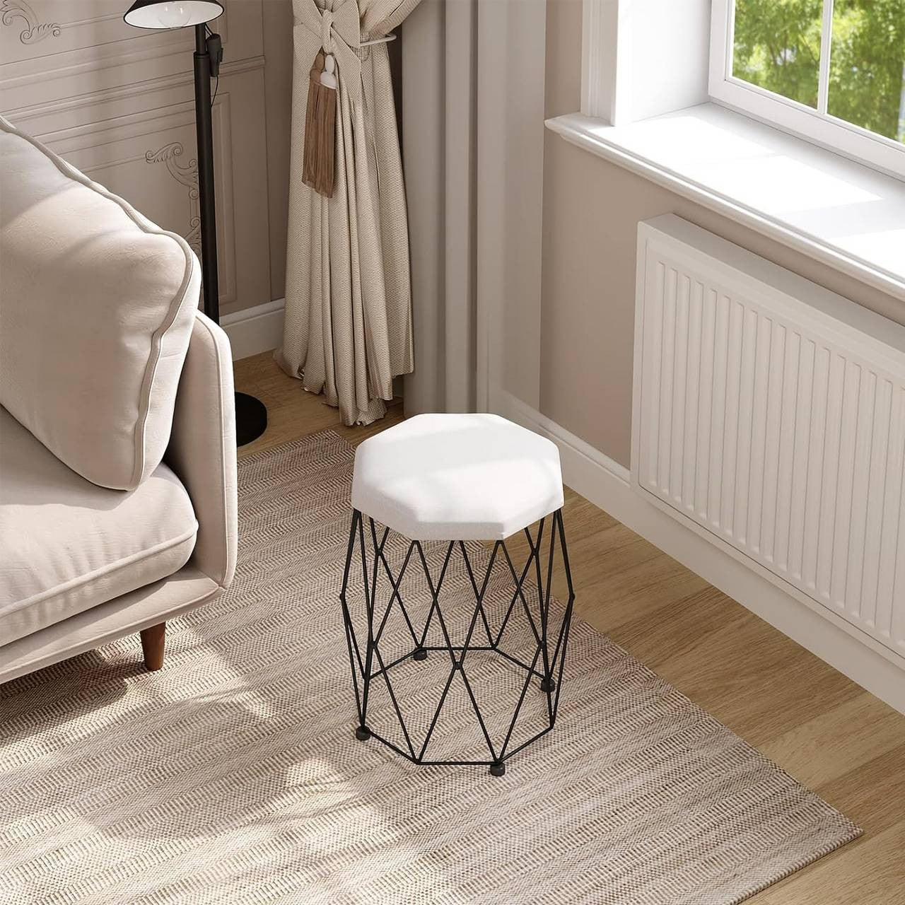 24goodz Velvet Makeup Stool - Soft and Comfortable Seating - Sturdy Metal Frame - MDF and Velvet - White + Black - 30 x 44.5 x 30 cm