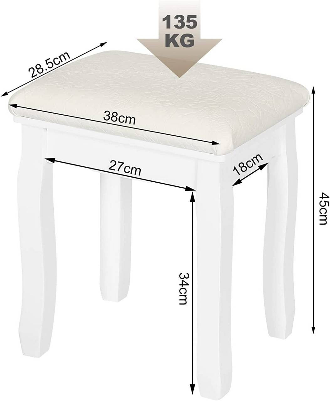 24goodz Upholstered Makeup Stool - Comfortable Seating - Multifunctional Use - MDF and Pine Wood - White - ws