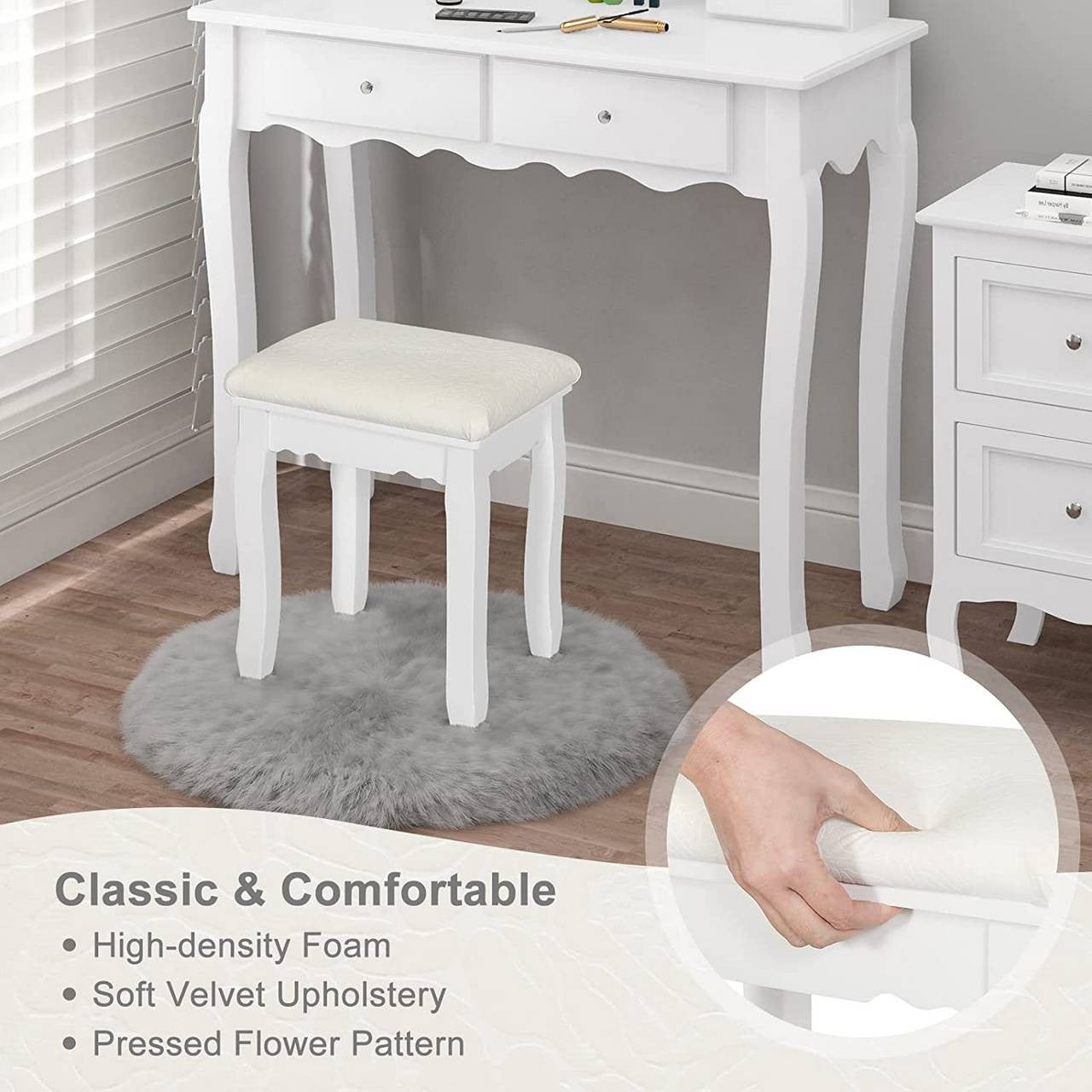 24goodz Upholstered Makeup Stool - Comfortable Seating - Multifunctional Use - MDF and Pine Wood - White - ws