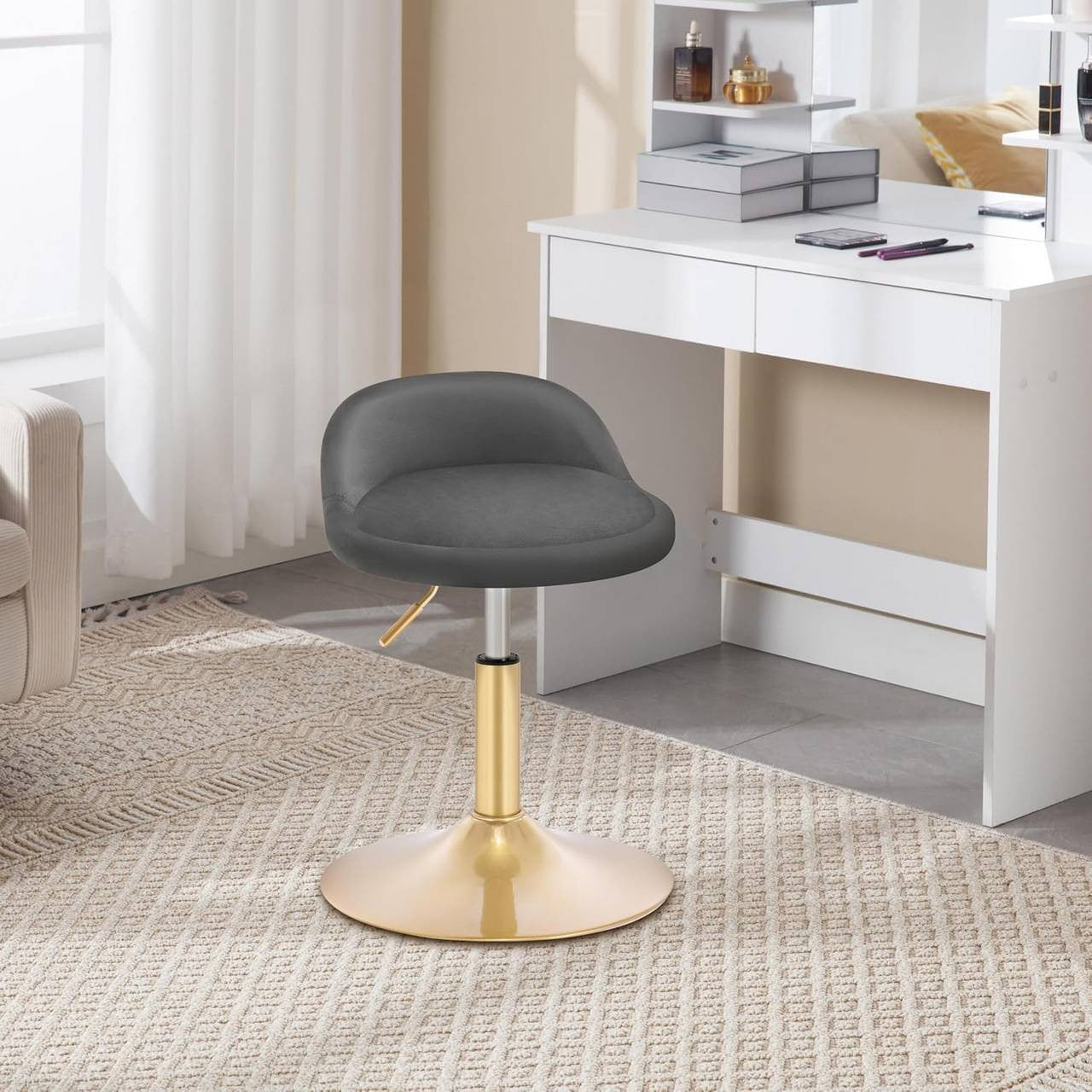24goodz Velvet Makeup Stool - Soft & Comfortable - Adjustable Height - Velvet + Metal - Dark Grey + Gold