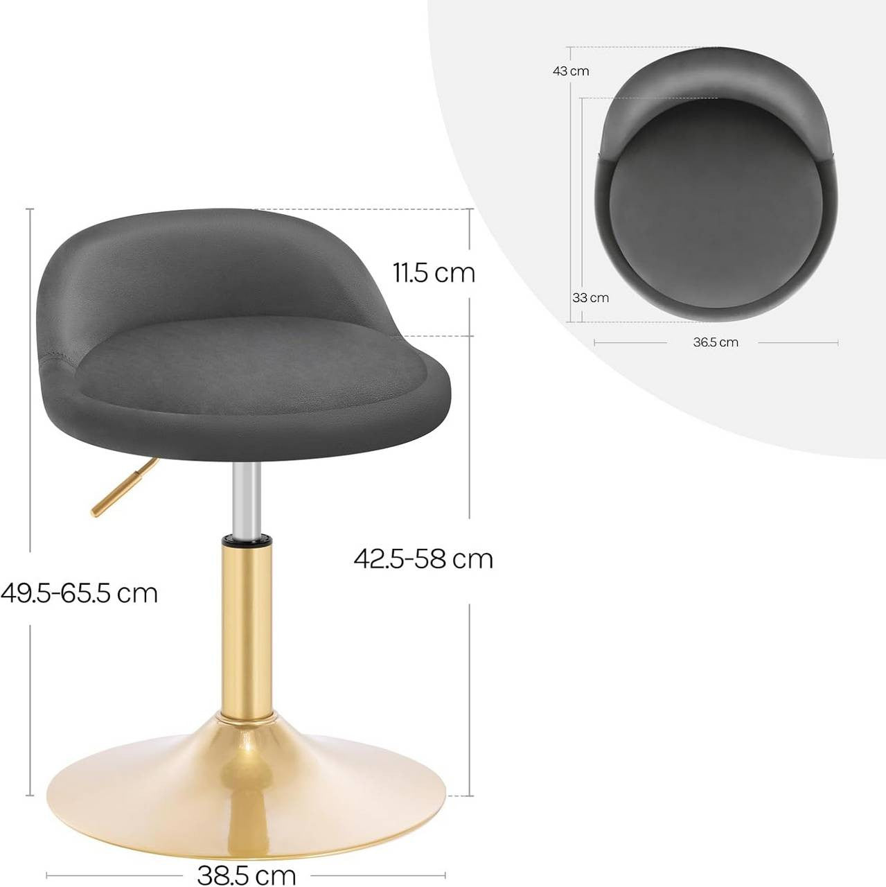 24goodz Velvet Makeup Stool - Soft & Comfortable - Adjustable Height - Velvet + Metal - Dark Grey + Gold