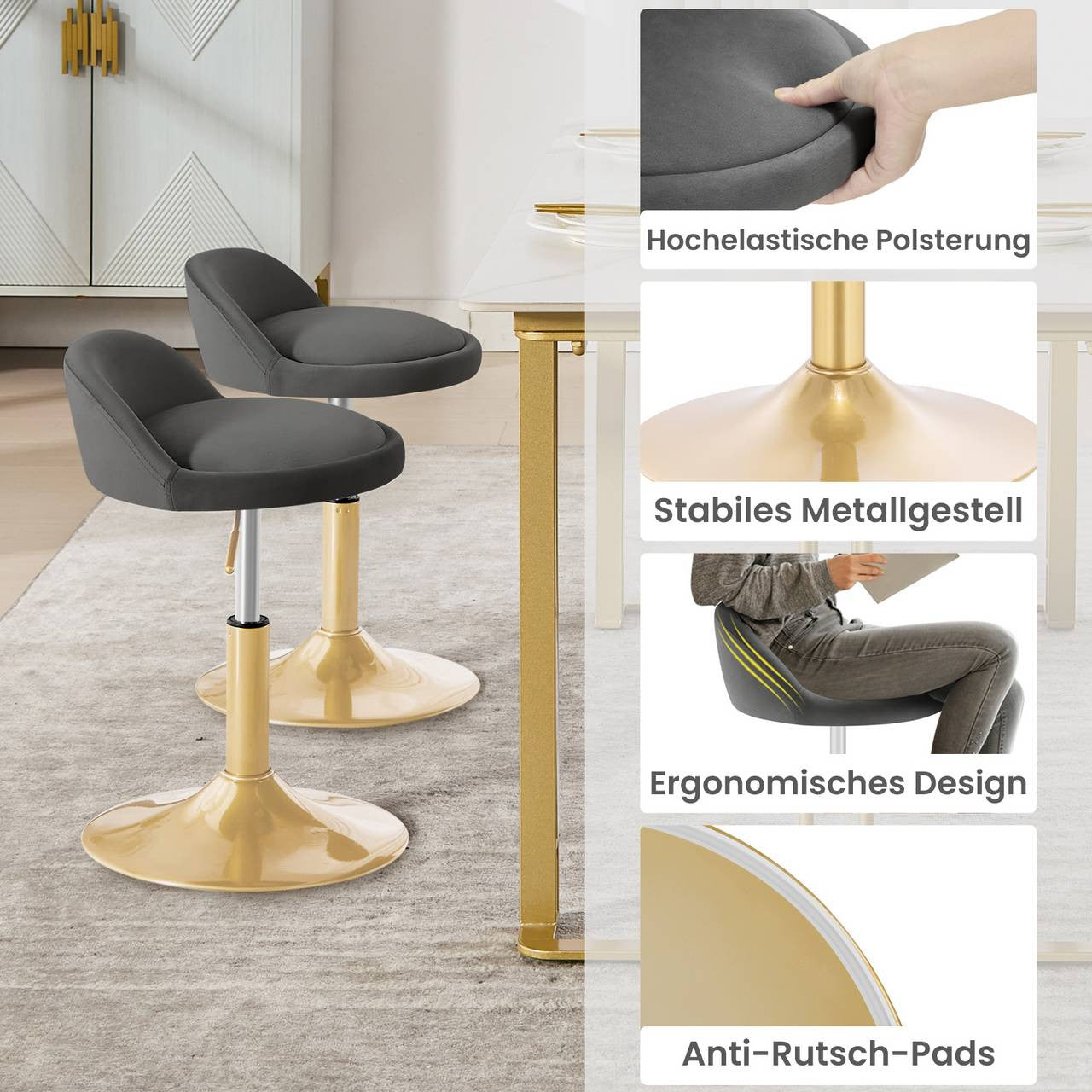 24goodz Velvet Makeup Stool - Soft & Comfortable - Adjustable Height - Velvet + Metal - Dark Grey + Gold