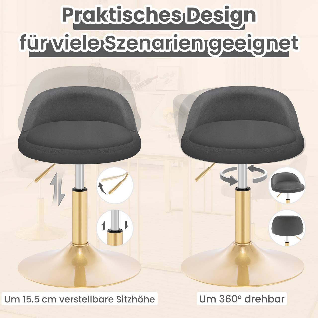 24goodz Adjustable Velvet Makeup Stool - Soft & Comfortable - Robust & Stable - Velvet + Metal - Dark Grey + Gold